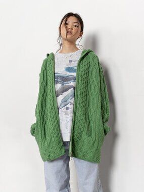 IRISH WOOL CARDIGAN Vintage Hoody Zip Up Cable Knit Sweater Oversize / Large